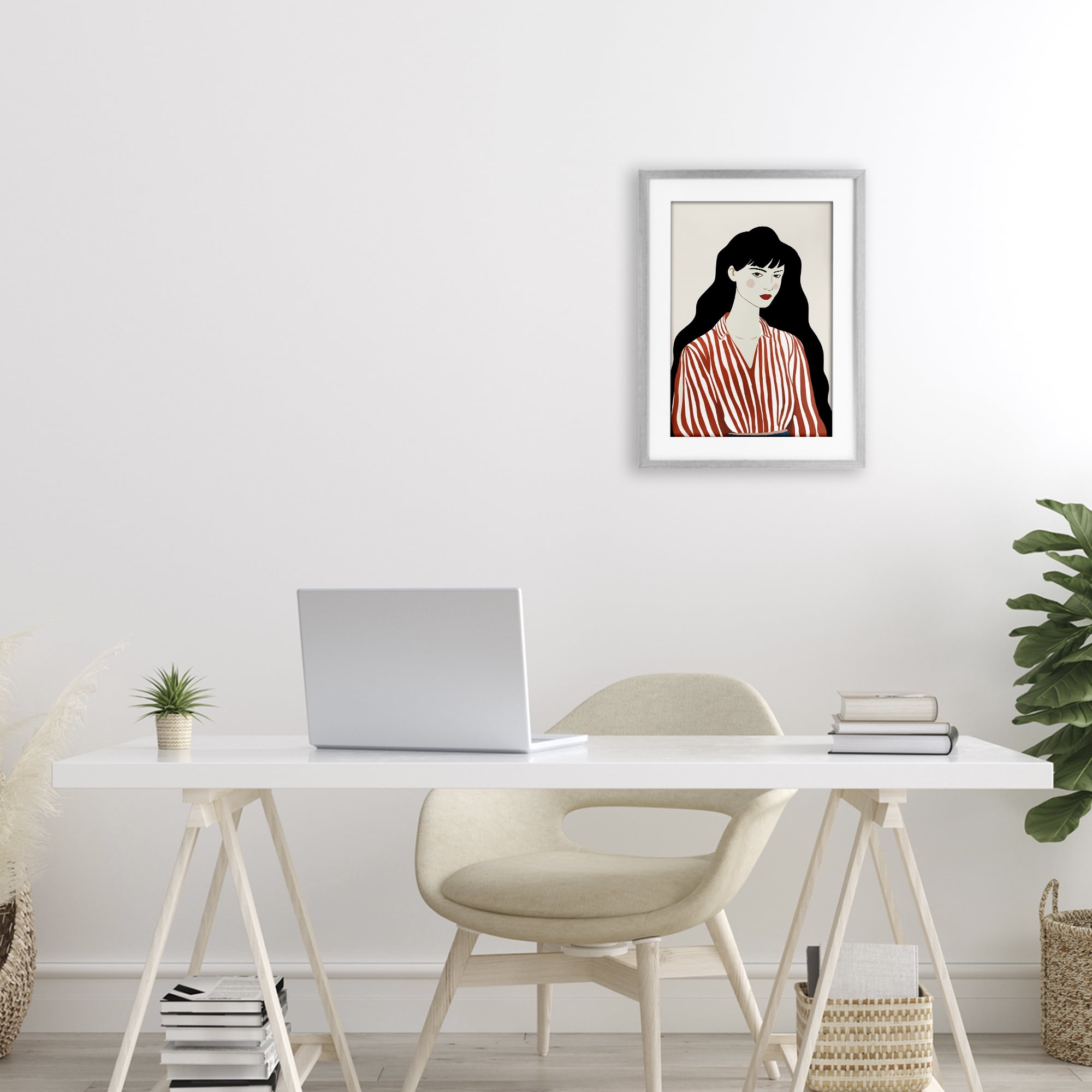 Stupell Industries Woman in Striped Blouse Gray Framed Print Under Glass, design by Omar Escalante