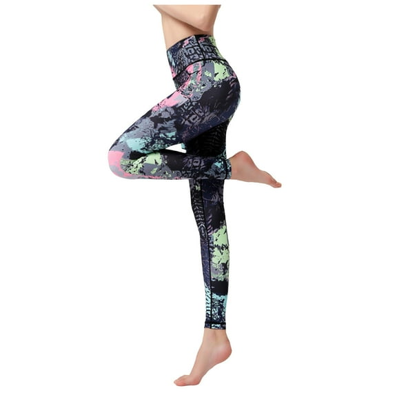 GEWSEY Women Yoga Pants Printed Over The Heel Stirrup Yoga Leggings High Waist Power Flex Capris Leggings for Fitness Running (Black, L)