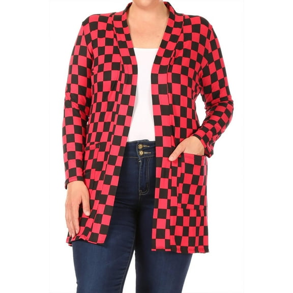 Women's Plus Size Casual Checkered Printed Long Sleeve Side Pockets Open Cardigan