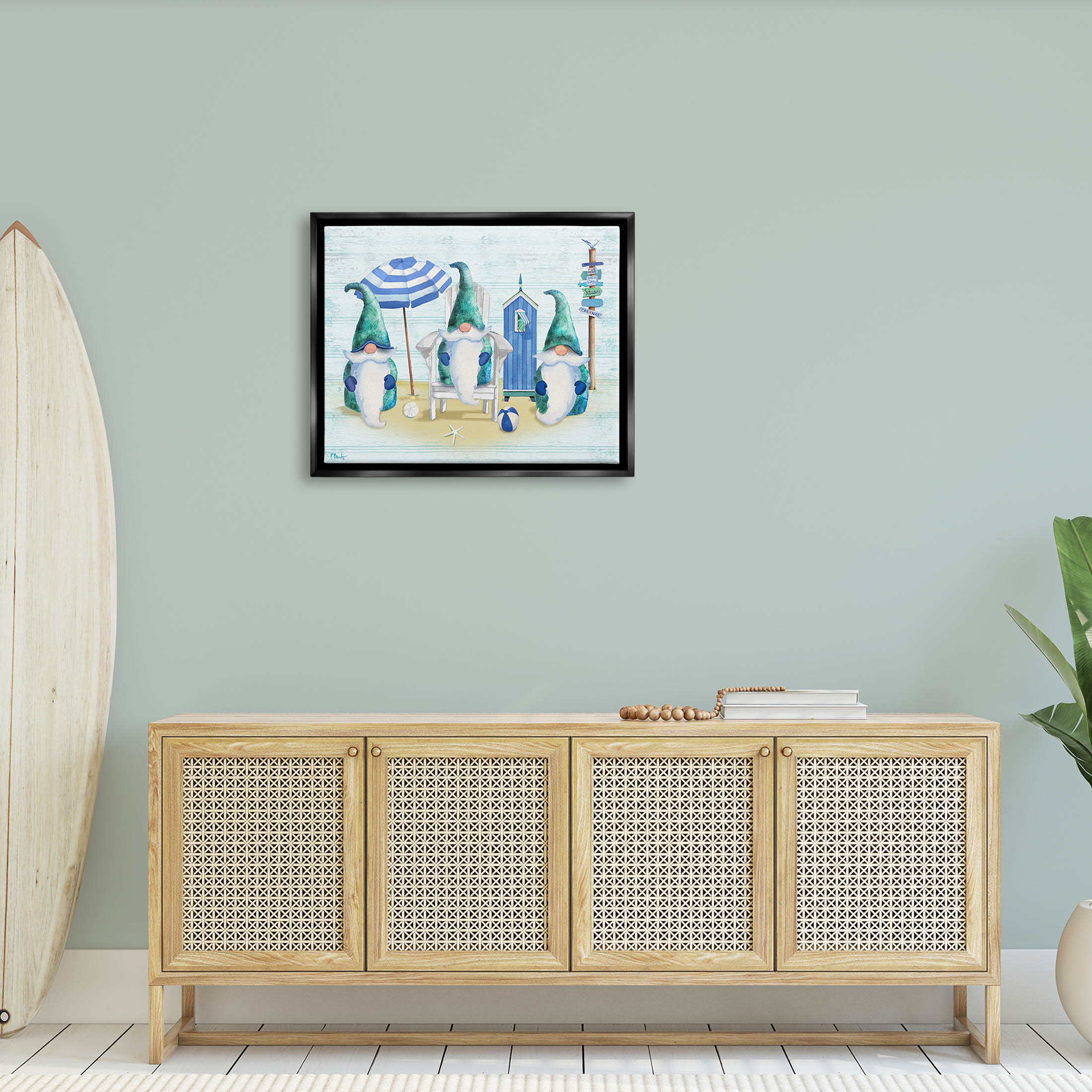 Nautical Beach Gnome Trio Fairy Tales & Fantasy Graphic Art Jet Black Framed Art Print Wall Art