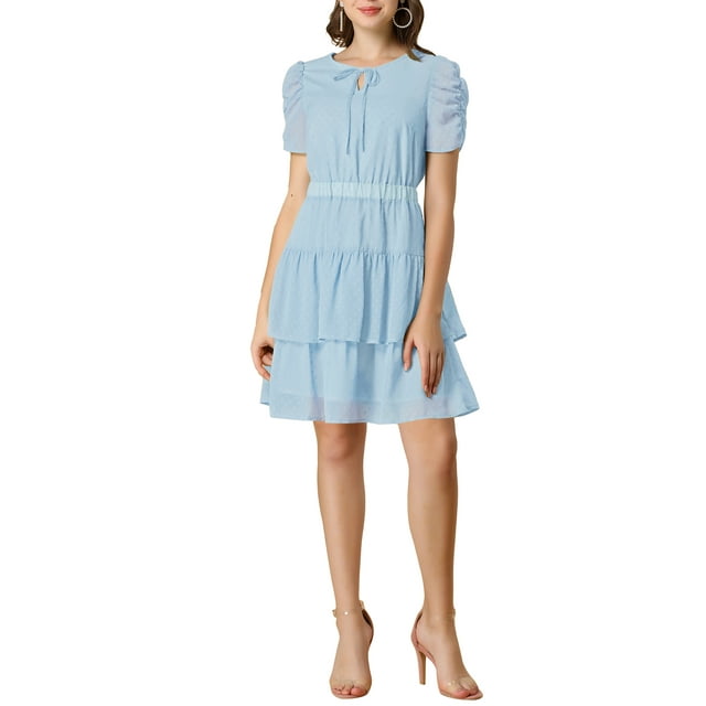 INSPIRE CHIC Women's Tie Neck Ruched Sleeve Elastic Waist A-Line Double Layers Ruffle Hem Short Dress L Light Blue