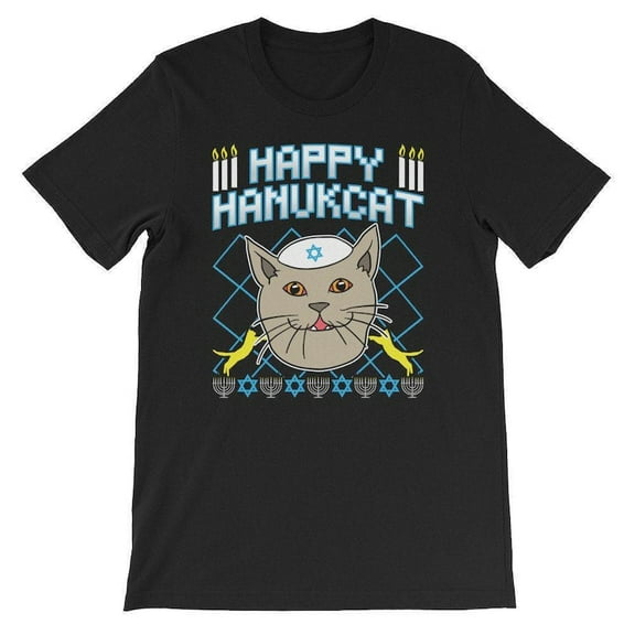 Happy Hanukcat Jewish Cat Ugly Christmas Sweater Holiday Novelty Tee,for men and women up to 5XL