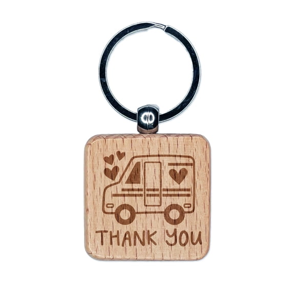 Thank You Mail Shipping Delivery Truck Square Keychain Charm Tag - Engraved Wood
