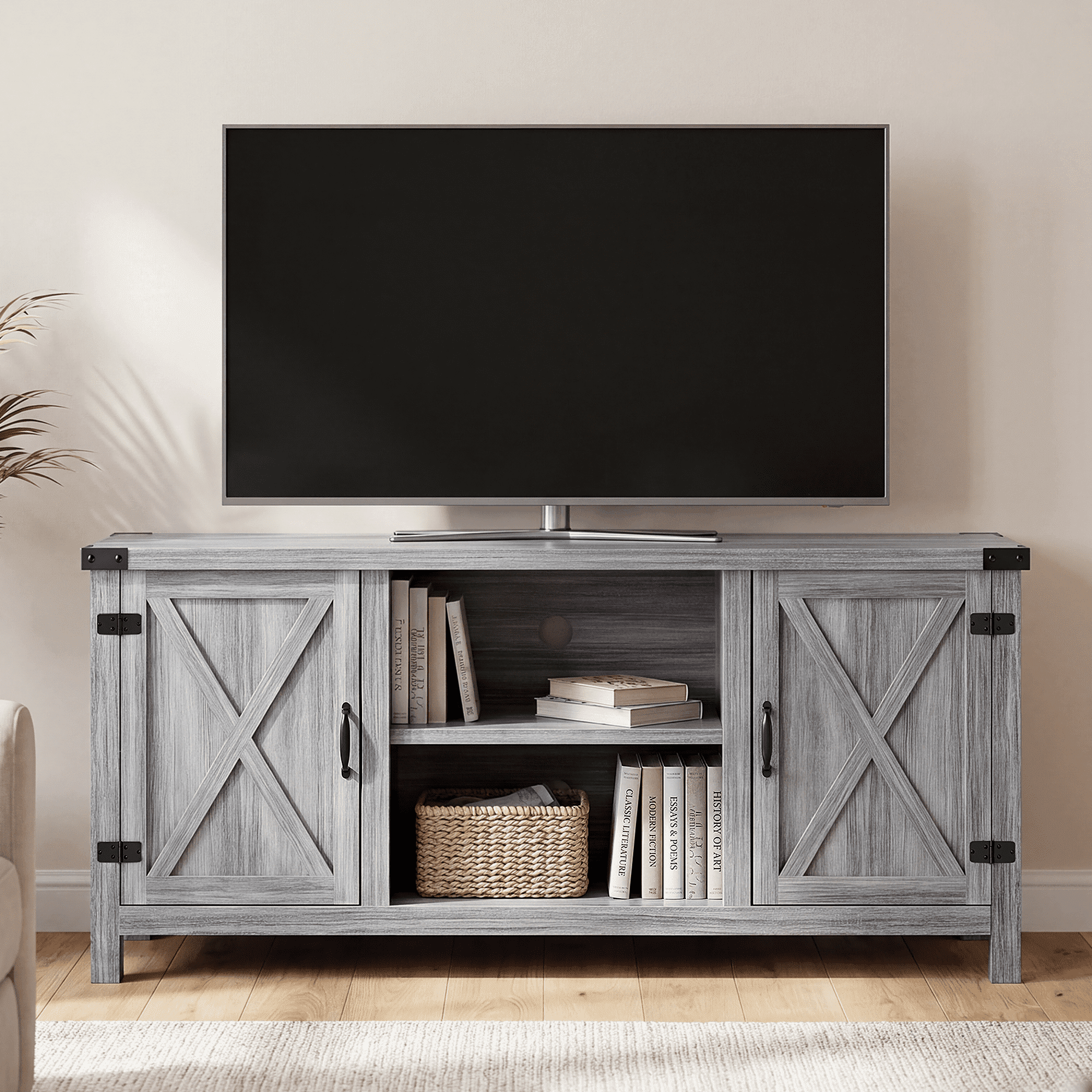 Homall Farmhouse TV Stand for 65 Inch TVs, Gray Wash Wood Entertainment Center with Storage Cabinet & Cable Management