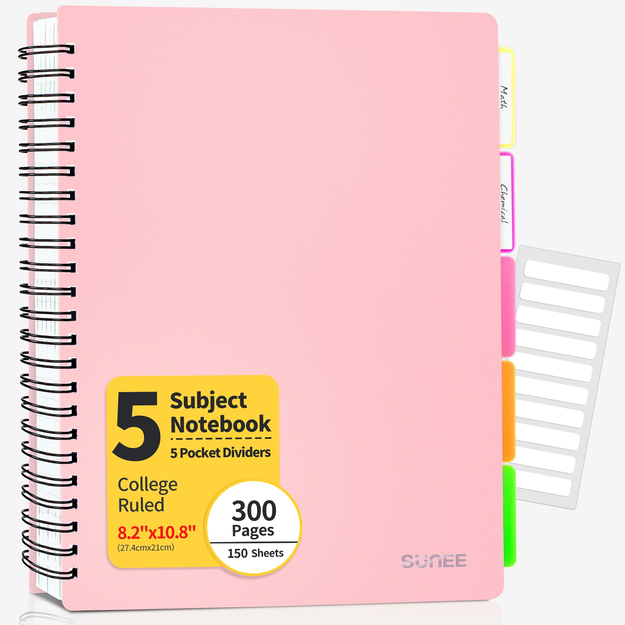 SUNEE 5 Subject Notebook College Ruled 300 Pages, 8.2"x10.8", Pink