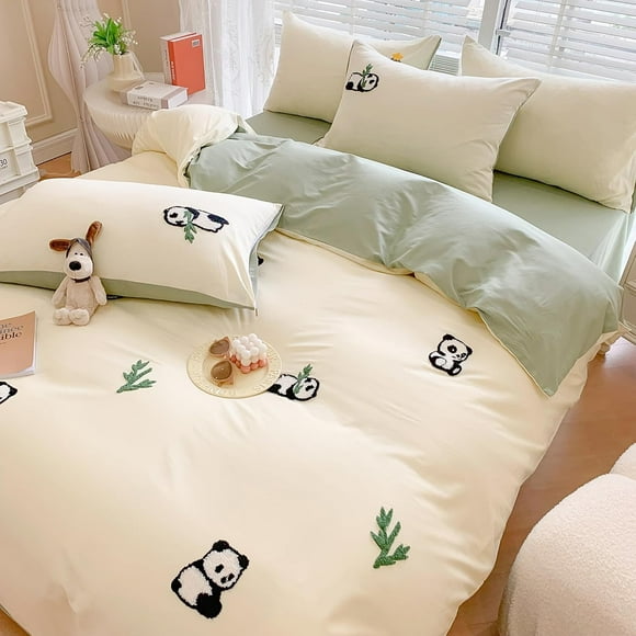 Duvet Cover Cotton, 3D Embroidery Queen Bed Set Green, Chenille Embroidered