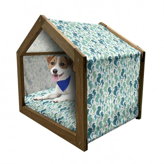 Seahorse Pet House, Silhouette Sea Horse Pattern on White Background, Outdoor & Indoor Portable Dog Kennel with Pillow and Cover, 5 Sizes, Sea Green Seafoam, by Ambesonne