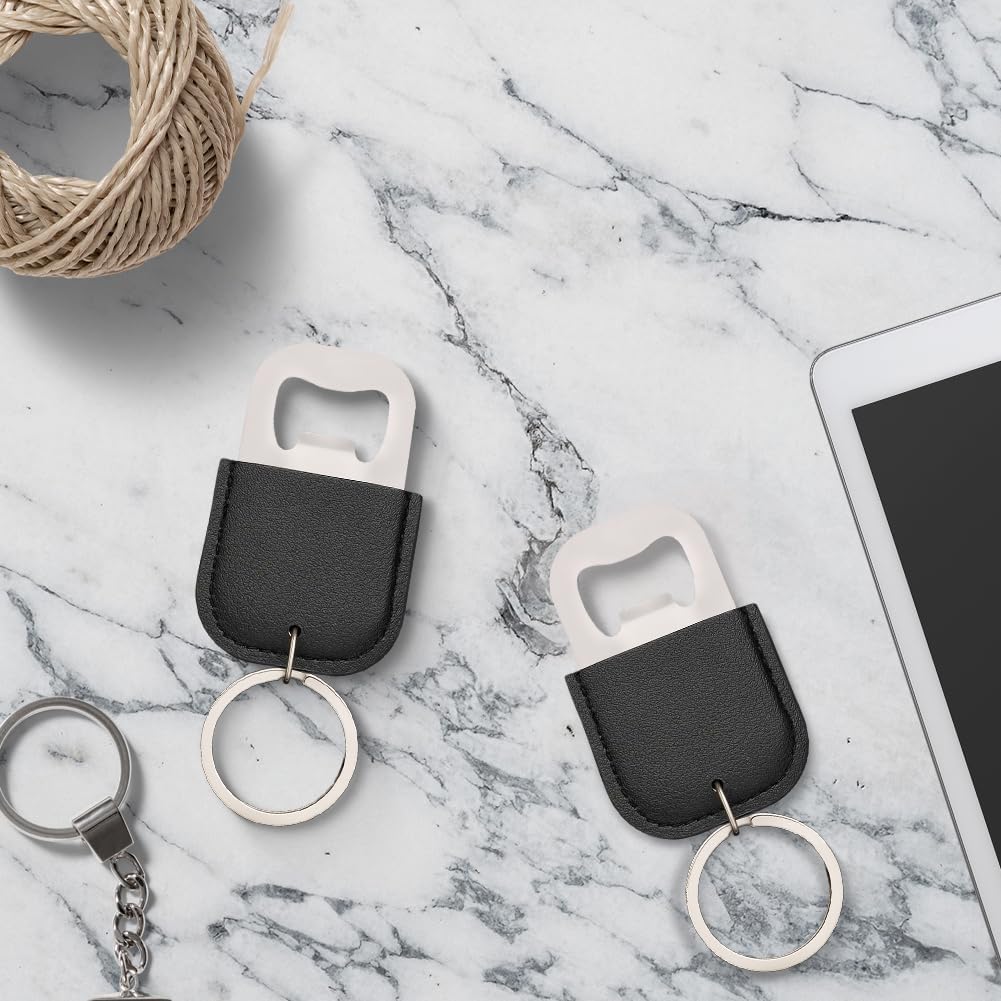 MKEUDQ-5PCS Black PU Leather Bottle Opener Keychains Small Stainless Steel Beer Opener with Key Ring Blank Leather Soda Bottle Lid Removers Key Chain for Wedding Guests Bridal Shower