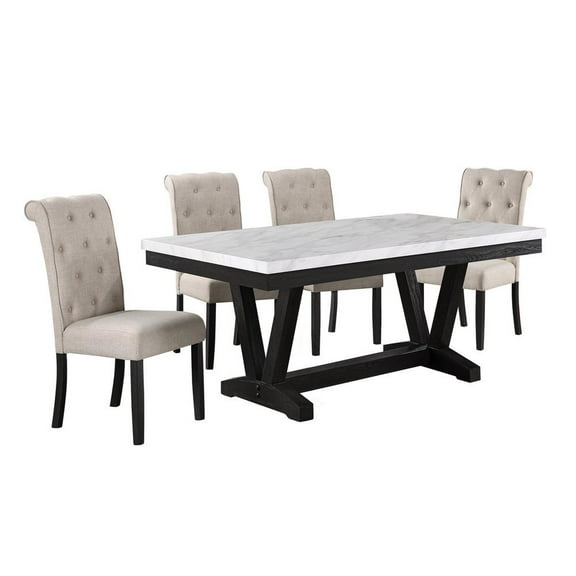 Weathered Gray Wood 5pc Dining Set with Beige Chairs