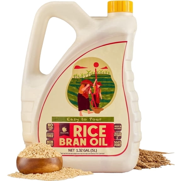 Gourmanity Rice Bran Oil, Bulk 1.32 Gallon Easy Pour Bottle, Heart Healthy Oil Made From 100% Pure Rice Bran, Perfect for Cooking, Frying & Skincare, Non GMO, Halal, Kosher (169 fl oz/1.32 gal)