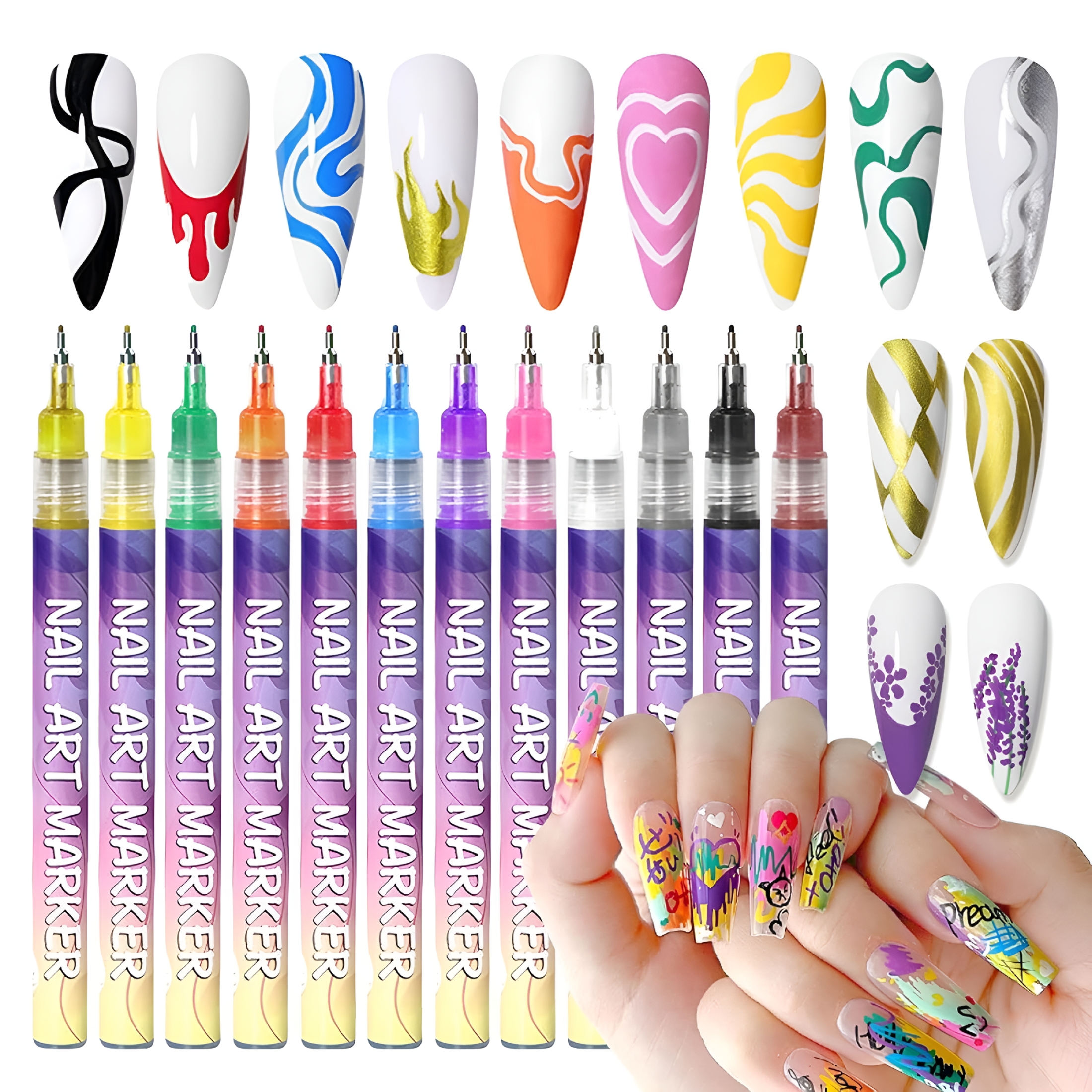 RAGUPEL 12 Color Nail Art Pens,0.5 Mm Nail Polish Pens Set Drawing Painting Point Liner Acrylic Painted Pen Kit,Waterproof And Quick-Drying Nail for Diy Nail Design,Home&Salon Manicure Tools