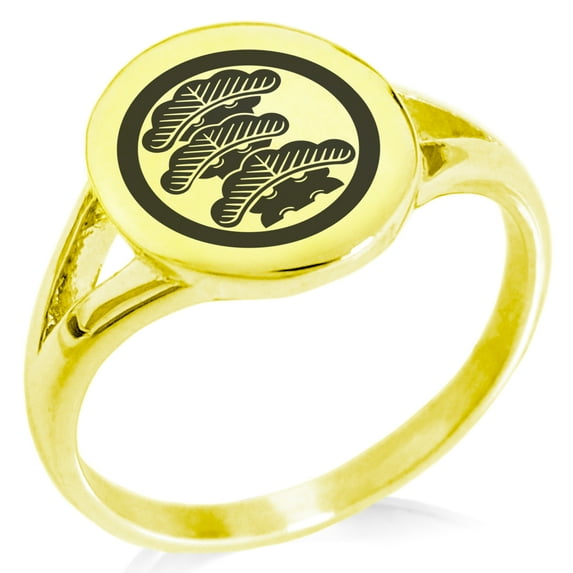 Stainless Steel Three-Tiered Pine Kamon Crest Minimalist Oval Top Polished Statement Signet Ring
