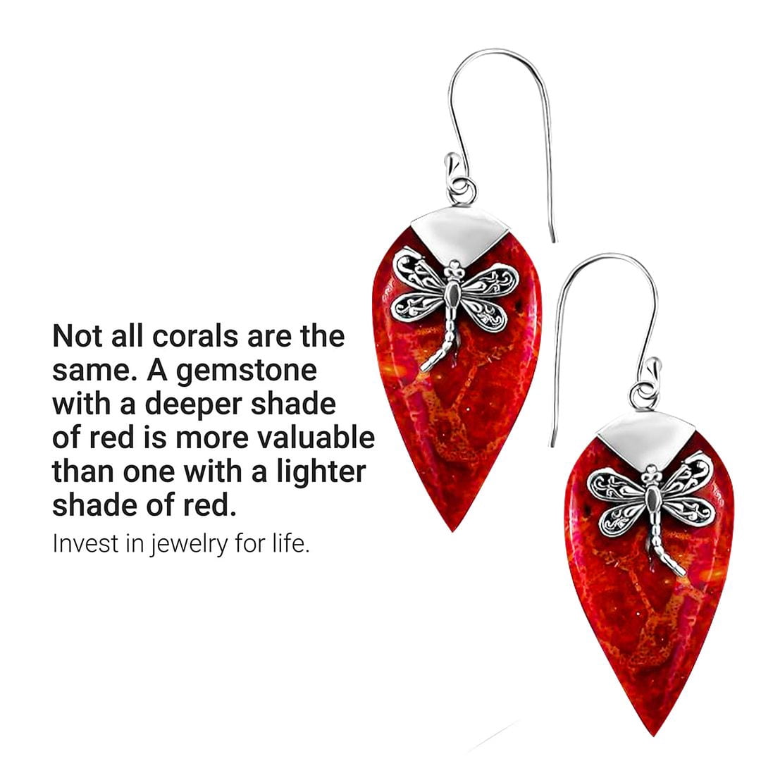 Red Coral Gemstone Earrings for Women in 925 Sterling Silver - Dangling Drop Fashion Earrings Handmade Birthstone Vintage Boho Jewelry Birthday Christmas Gifts