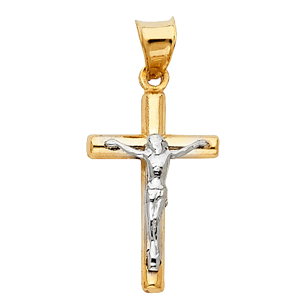 Jewels By Lux 14K White and Yellow Two Tone Gold Block Crucifix Cross with White Jesus and Inri High Polish Pendant 