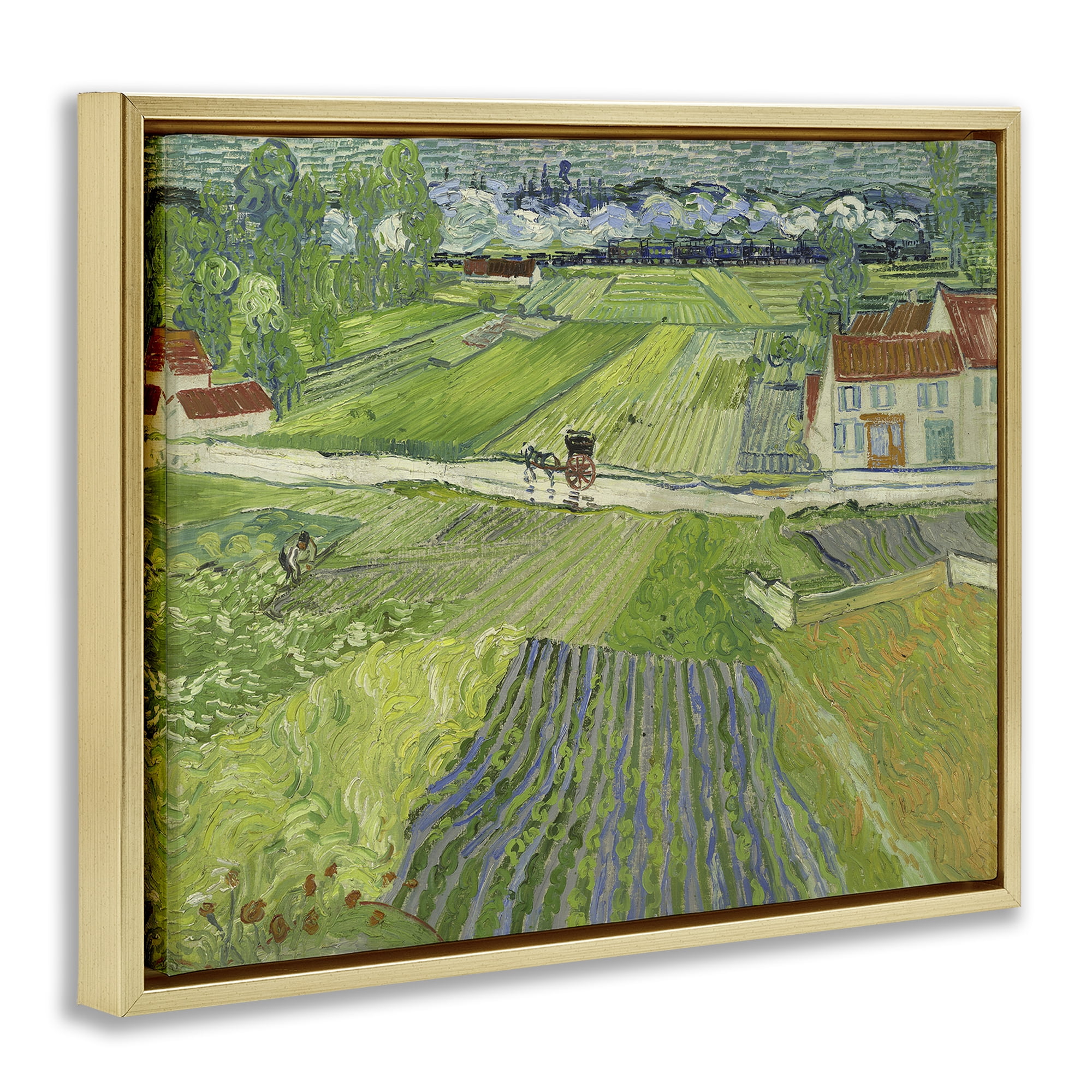 Stupell Industries Van Gogh Carriage & Train Landscape Landscape & Nature Painting Gold Floater Framed Canvas Art Print Wall Art, 31 x 25