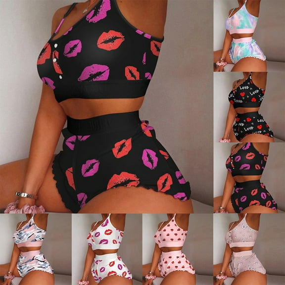 Women Fashion Print Pajamas Set Vest Bra Top Short Sleepwear Nightwear Lingerie Black love S YIWEI