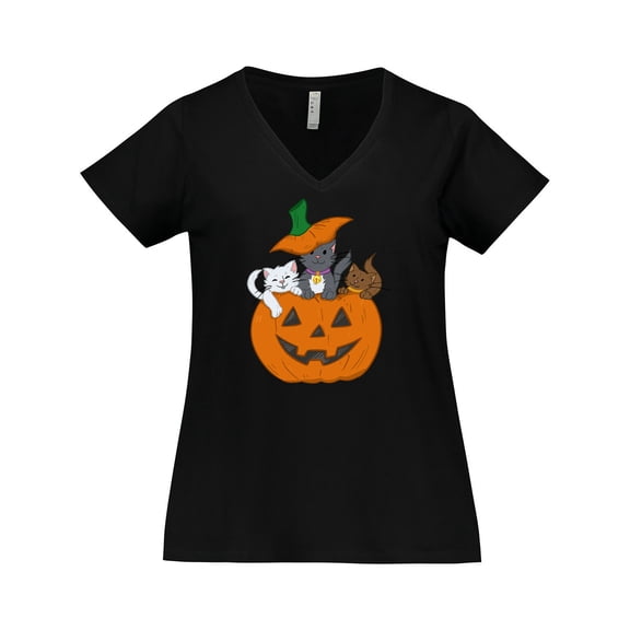 Inktastic Halloween Kitties in Pumpkin Women's Plus Size V-Neck T-Shirt