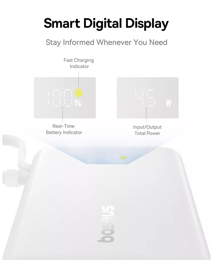 Baseus 10000mAh Power Bank,45W Portable Charger with Built-in USB-C Cable 3-Output LED Display, Fast Charging External Battery Pack Picogo Powerbank, White