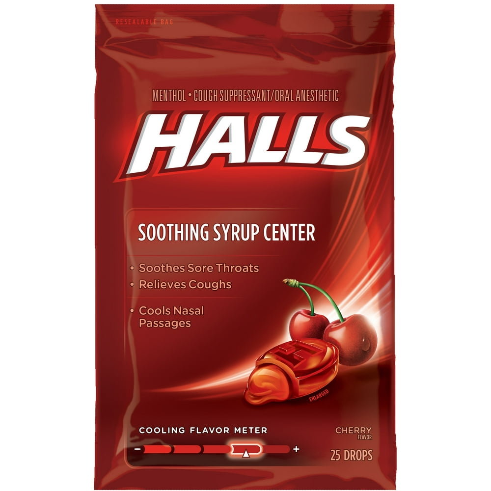 Halls Menthol Drops Cough Suppressant/Oral Anesthetic, Cherry, 25 Ct