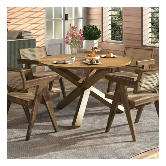 47" Round Dining Table, Acacia Wood Legs for 6 Person, Kitchen Table for Small Spaces, Natural Finish, MDF Tabletop, 500lbs Capacity, Easy Assembly