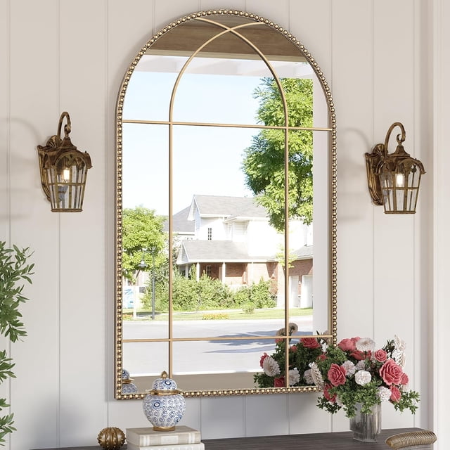 Espejo antiguo dorado arqueado, espejos de ventana de arco de 24 x 40 pulgadas con marco de metal con abalorio, espejo de arco dorado clásico, espejo de pared decorativo para sala de estar