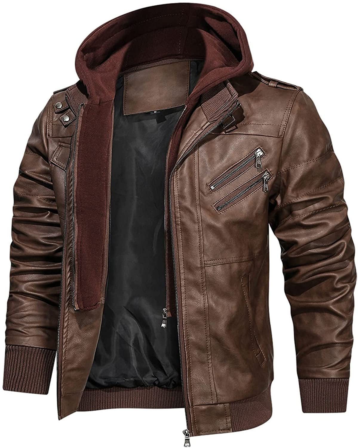 Men's Casual Stand Collar PU Faux Leather Zip-Up Motorcycle