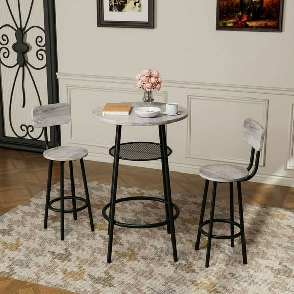 Kadyn Bar Table Set,3 Pieces Round Bar Table Set for Kitchen, Dining Room, Bar Table with 2 Stools, Gray