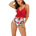 thumbnail image 3 of Ruffle Ruched 2 Pieces Swimsuit Wireless Deep V Neck High Waist Print Underwear Ruffle Bikini Set 2XL, 3 of 8
