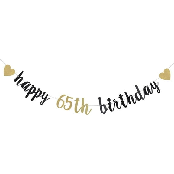 Black and Gold Glitter Banner，65th Birthday Decoration， Banner for Birthday Party Decorations Supplies，happy 65th birthday
