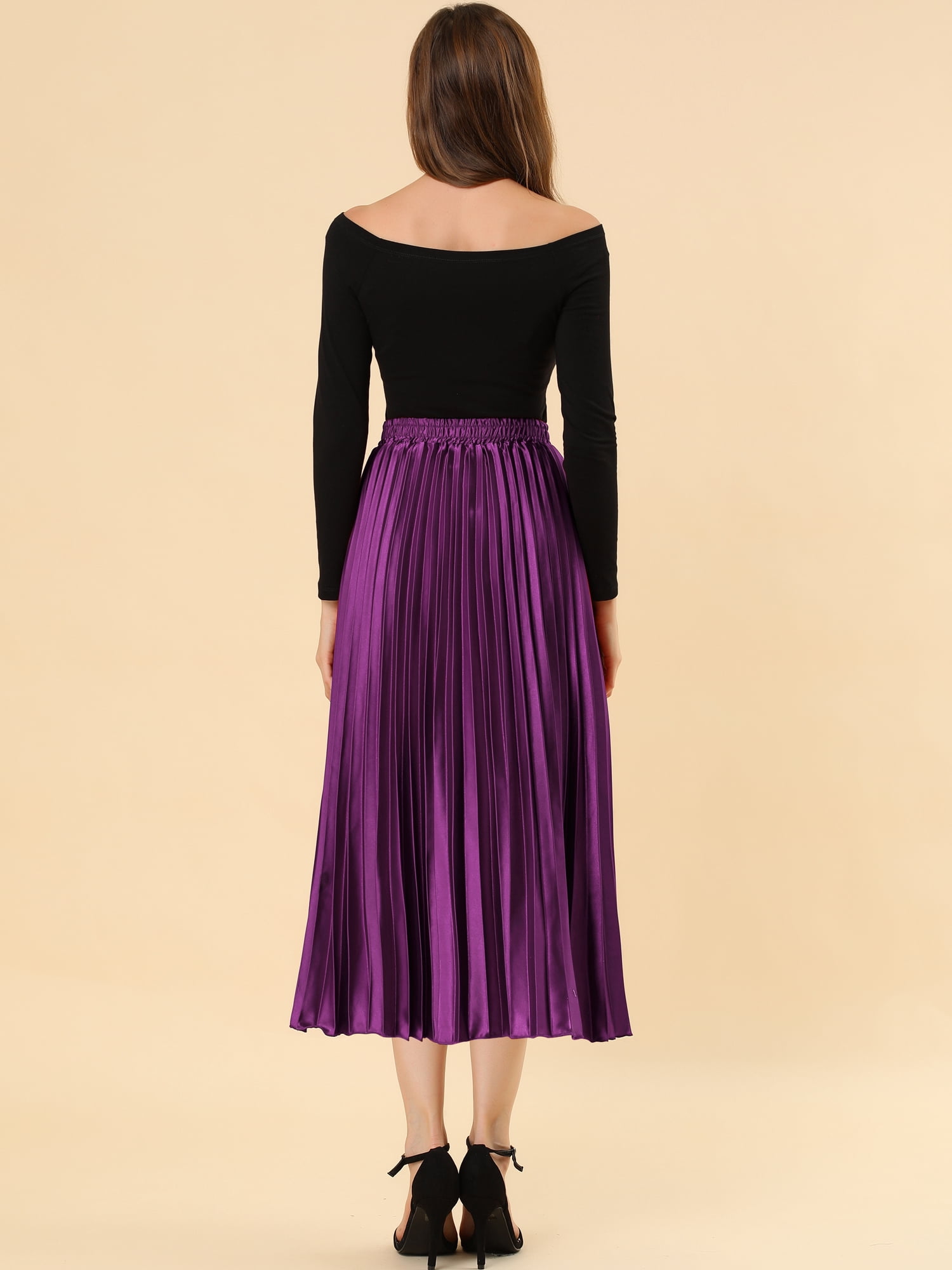DARING DIVA Women's Midi Length Elastic High Waisted Pleated Skirt 2XL Purple