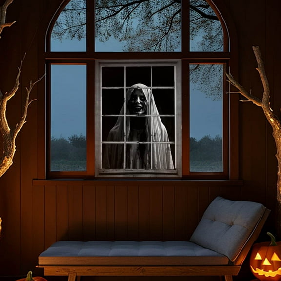 Halloween Ghost Door Curtain, Spooky Woman Window Decoration for Haunted House and Party, Scary Polyester Hanging Backdrop for Doorway, Porch, or Wall, Reusable Halloween Decor