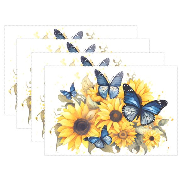 Blue Butterflies in Sunflowers 4 PCs Placemats Set Linen Non-Slip Table Mat Rectangular Washable for Dining Kitchen Party 12"x18"