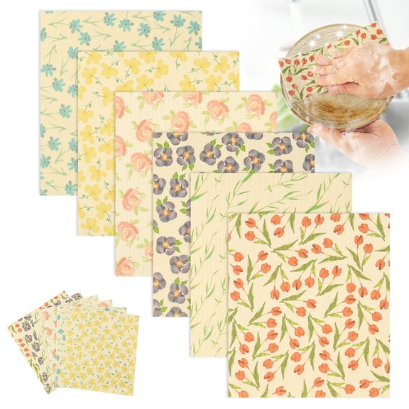 6 Pack Swedish Dishcloth Mixed Color Reusable Cleaning Cloth Assortment Kitchen Cloth Washable Absorbent Sponge Alternative for Dish (Flower Theme)
