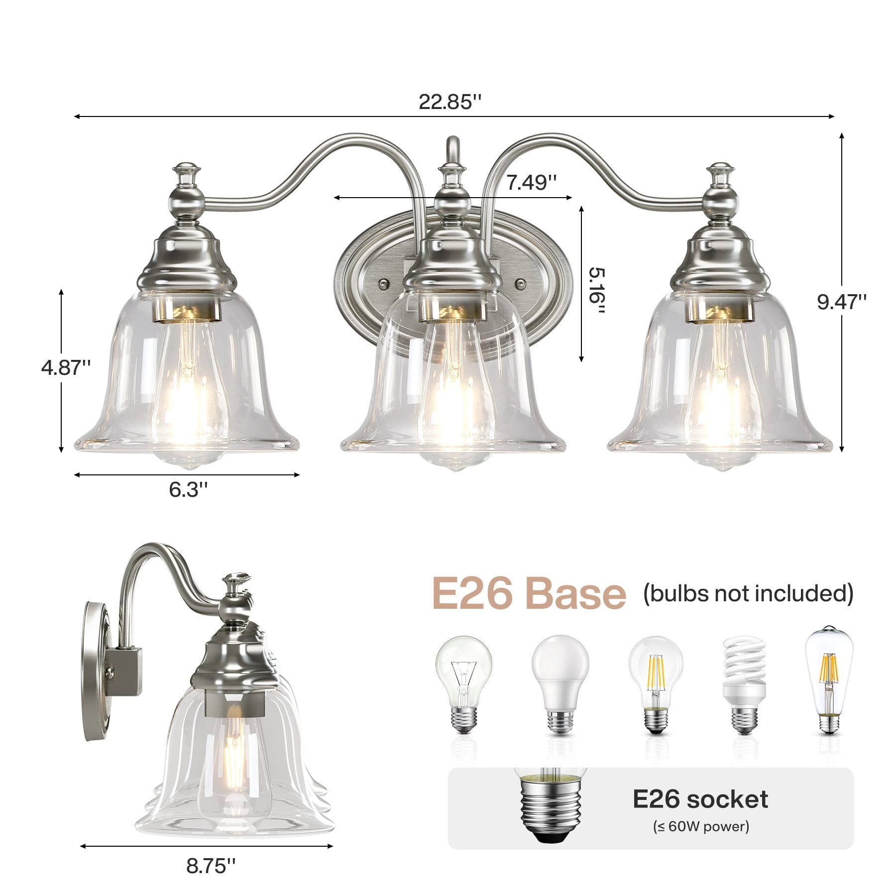 Fnova 3-Light Bathroom Light Fixtures, Modern Vanity Light with Clear Glass Shade, Bathroom Wall Lamp for Mirror Living Room Kitchen Hallway Porch, E26 Base (Bulbs Not Included)