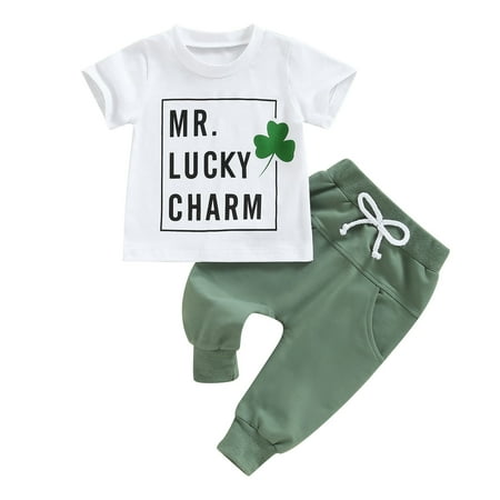 

Toddler Baby Boy St Patricks Day Outfit Mr Lucky Charm Clover Short Sleeve T-Shirts Green Pants Summer Clothes