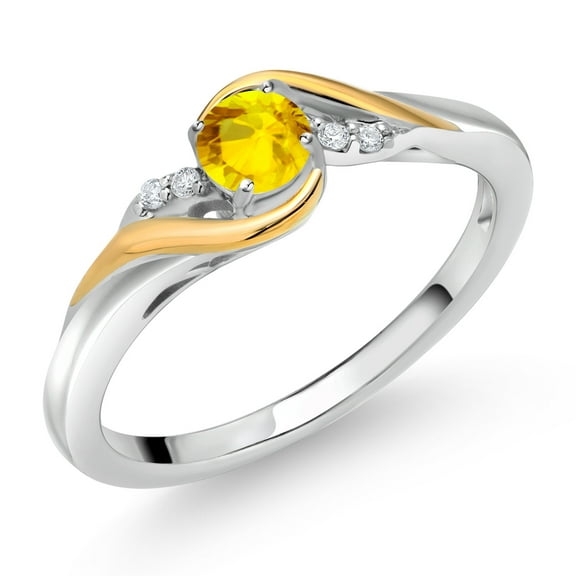 Gem Stone King 925 Sterling Silver and 10K Yellow Gold Round Yellow Sapphire and White Lab Grown Diamond Engagement Ring for Women (0.39 Cttw, Gemstone Birthstone, Size 9)