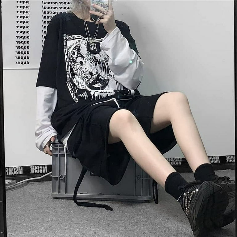 DanceeMangoos Goth Shirt Gothic Shirt Fake Two-Piece Alternative Clothing  Goth Long Sleeve Top Grunge Clothes