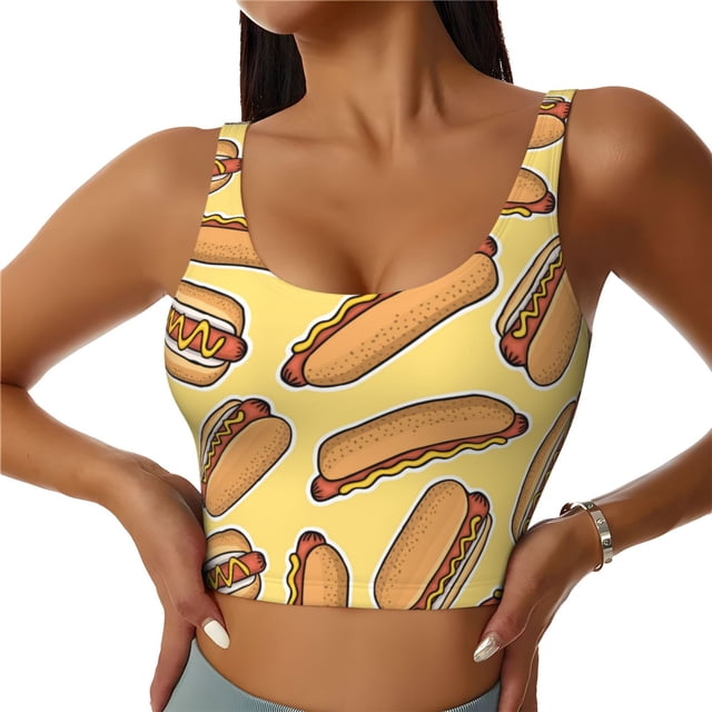 Fotbe Hot Dogs Sujetador Deportivo Largo sin Aros para Mujer con Almohadillas y Soporte Medio, Transpirable y Absorbente, Camiseta Tipo Chaleco o Tank Top-Large