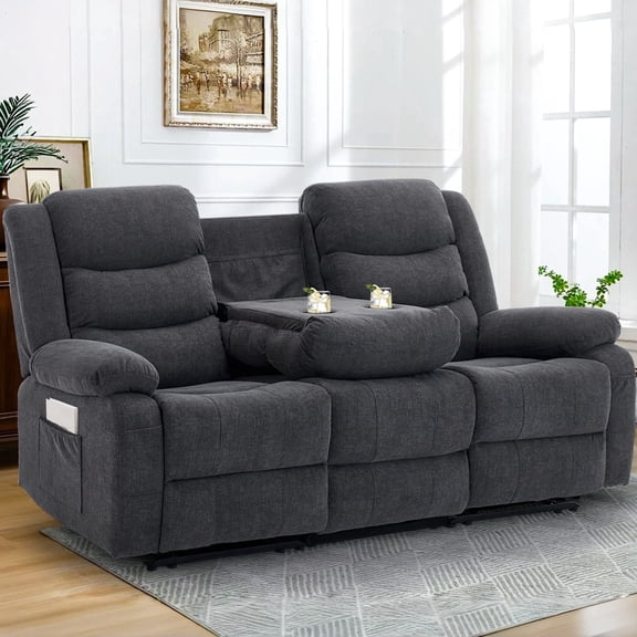 Korser 3-Seater Recling Couch with Cup Holders and Recessed Power Strip Recliner Loveseat with Console Recliner Sofa with Pull-Down Table,Grey