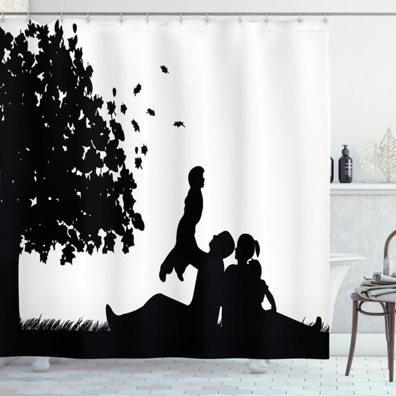 Family Shower Curtain, Family Having a Picnic in the Park in Autumn Season Under a Big Tree Silhouette, Fabric Bathroom Set with Hooks, 69W X 84L Inches Extra Long, Black and White, by Ambesonne