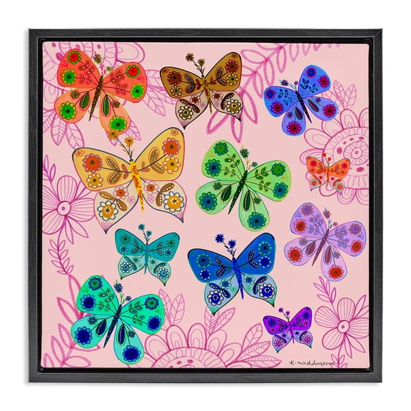 Stupell Industries Eclectic Bright Patterned Butterflies Black Floating Frame Canvas Art, 18 x 18, by Kay Widdowson
