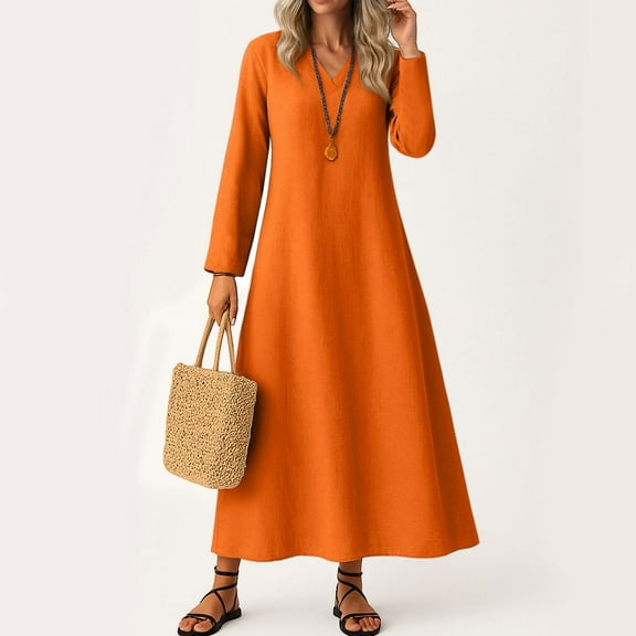 UoCefik Italian Linen Dresses for Women 2025 Work Flowy Long Sleeve Maxi Dresses Modest Casual V Neck Sundress Fashion Fall Beach Vacation Dress Orange M
