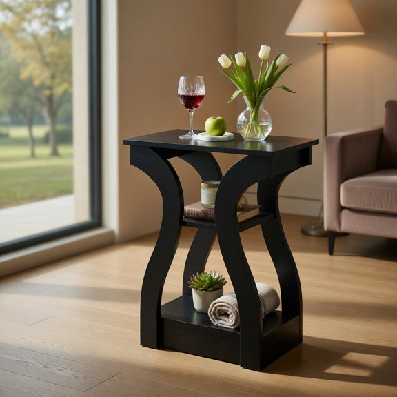 Demi Bonn 3-Tier End Table Set of 2 with Charging Station, Open Storage Shelves, Black