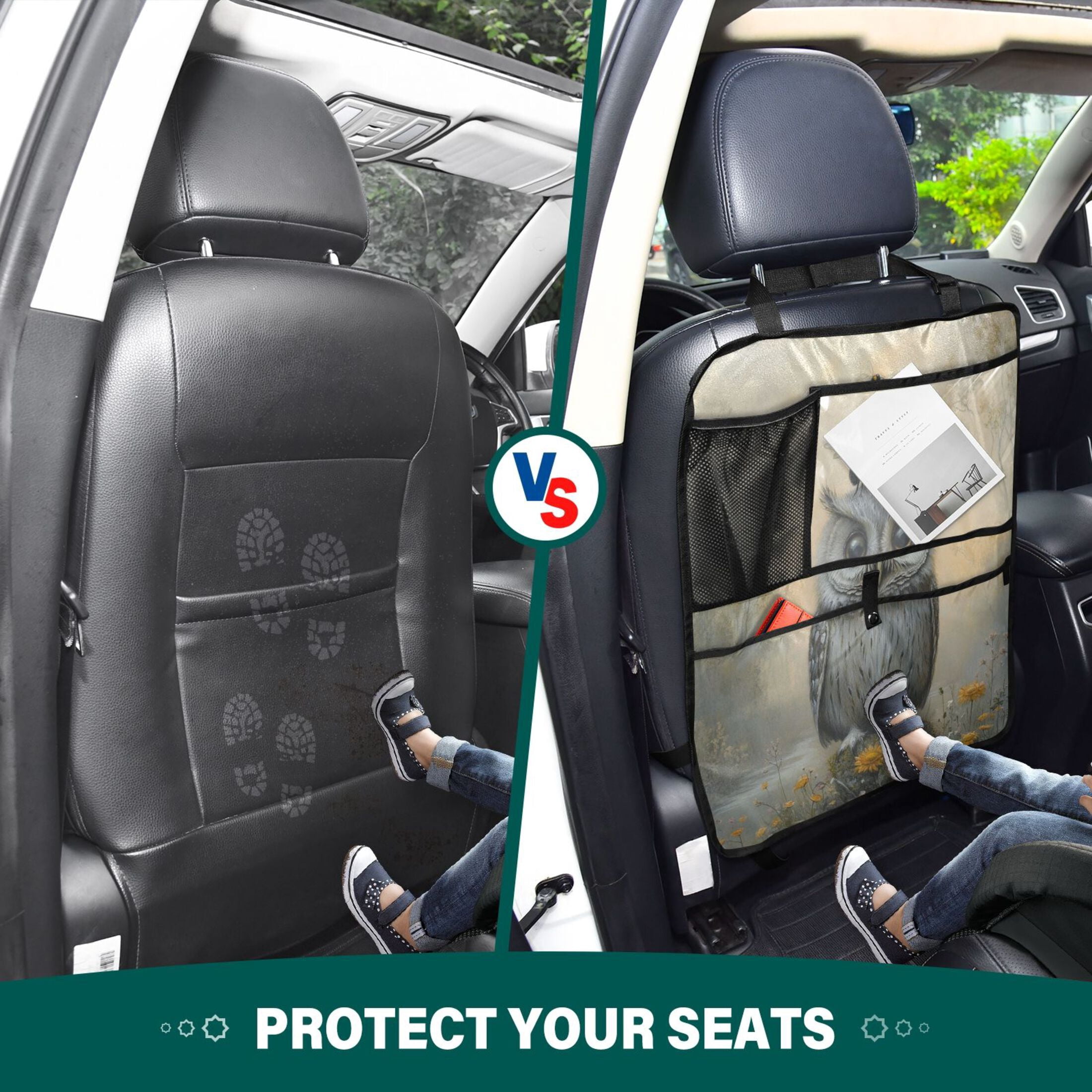 WOBOGO Owls and Bees Pattern Backseat Car Organizer 2 PCS Footed Universal Car with Touch Screen Tablet Holder Rear Seat Protector