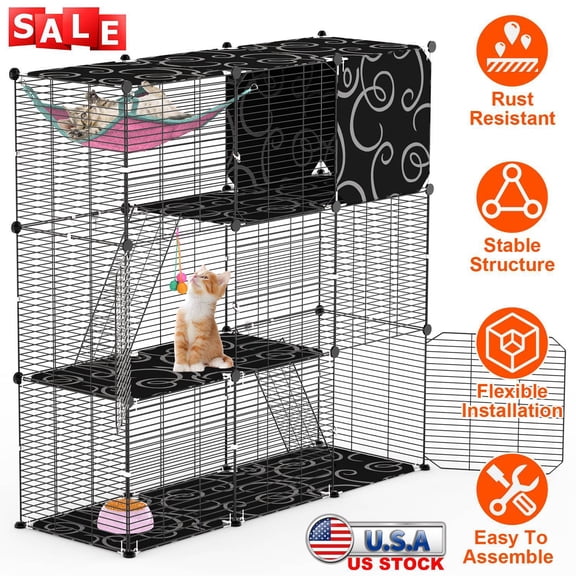 3-Tier Pet Cat Cage Indoor Cat Enclosures DIY Playpen Wire Kennel with Hammock