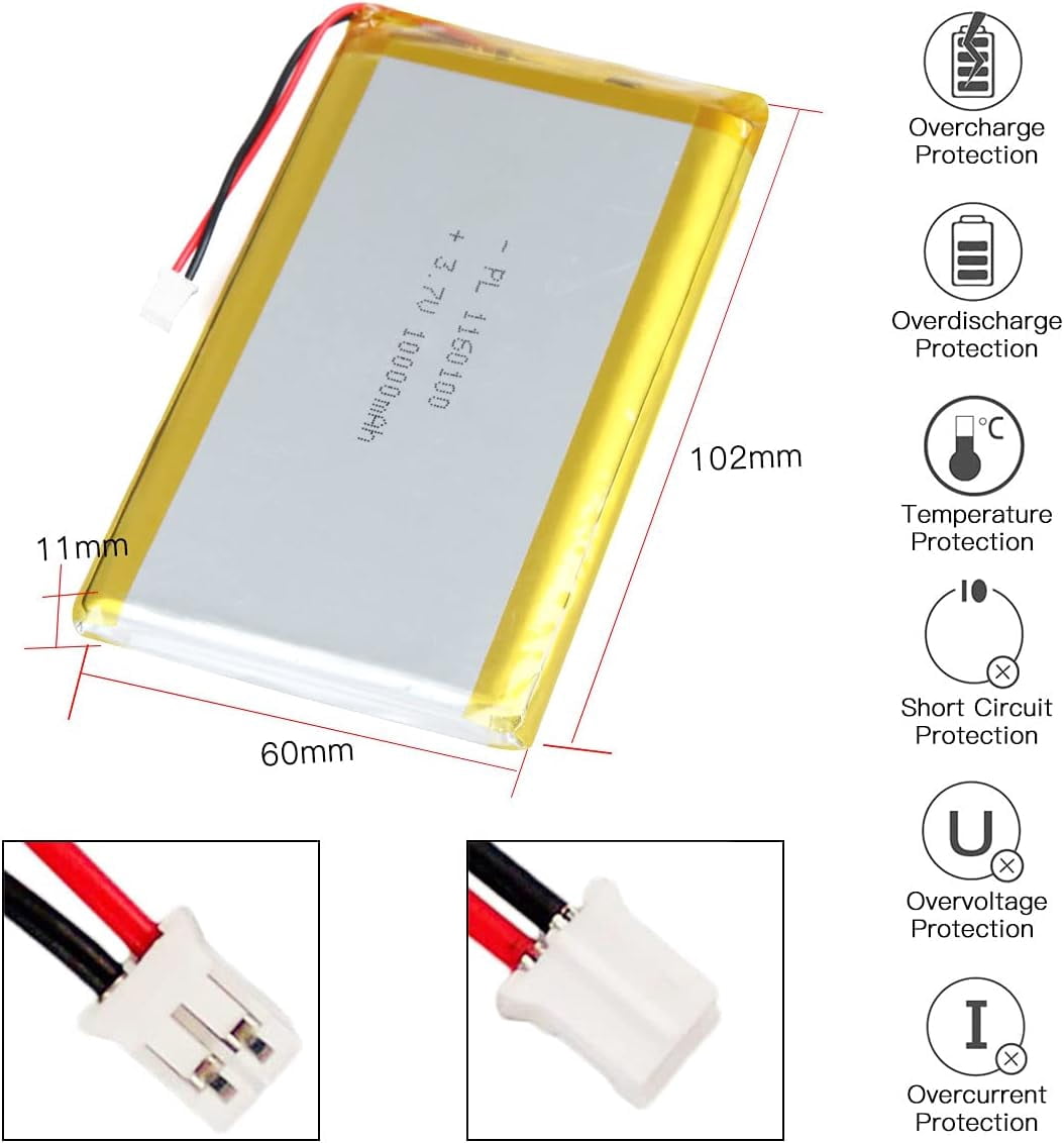 3.7V 10000mAh 1160100 Lithium Polymer Ion Rechargeable Lipo Battery with PH 2.0mm Pitch Connector