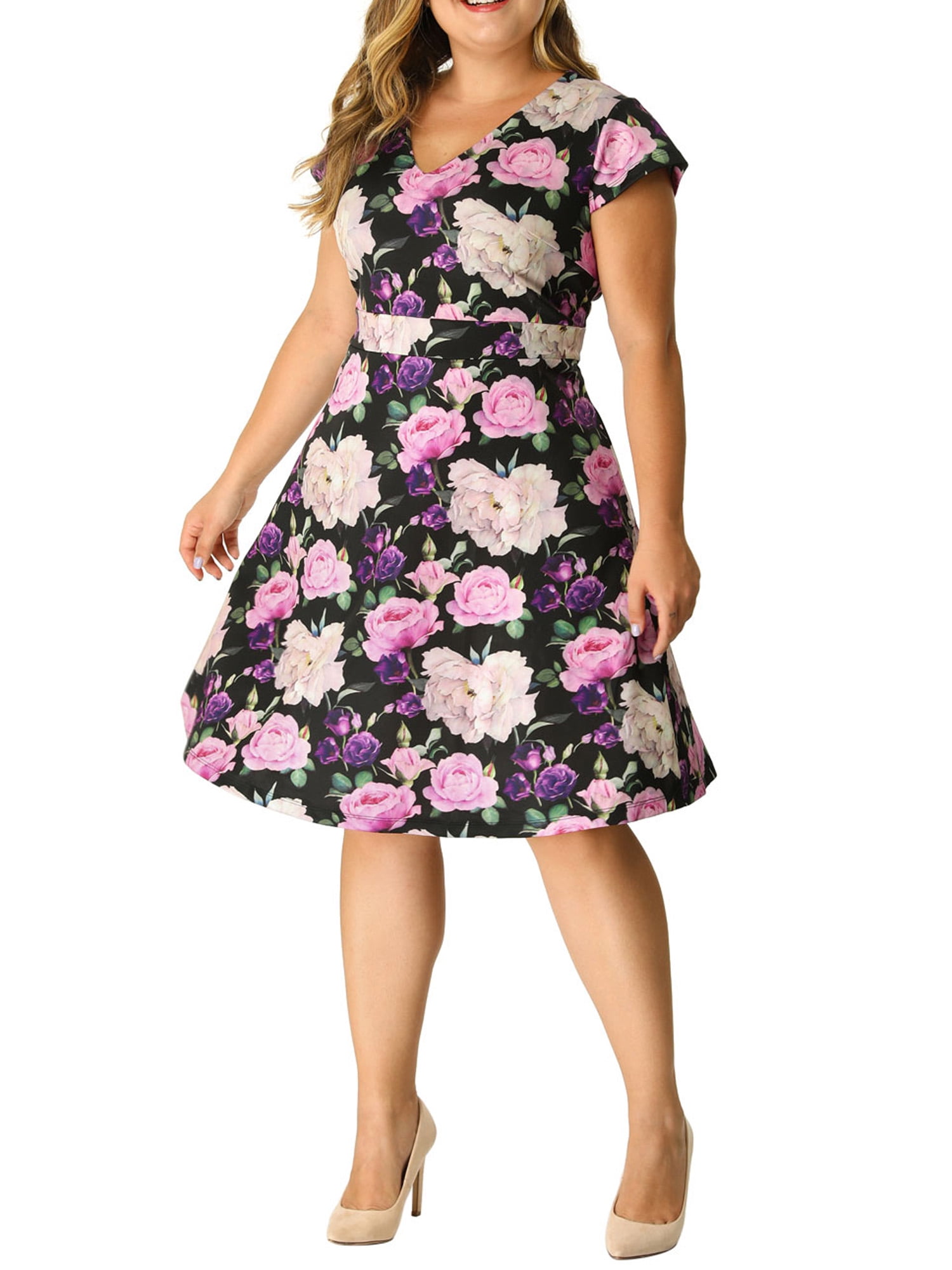 V Neck Cap Short Sleeve Floral 