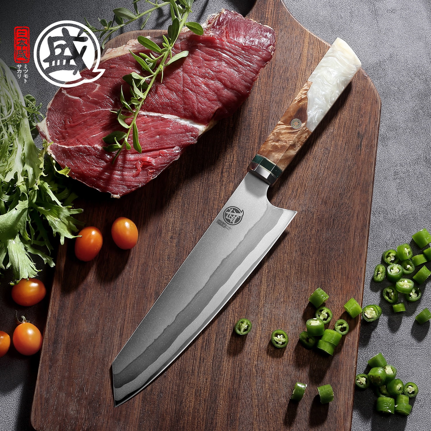  MITSUMOTO SAKARI 8 inch Japanese Kiritsuke Chef Knife, Hand  Forged 67 Layers 440C Damascus Steel Kitchen Knives, Professional Meat  Sushi Chef's Knife (Blue Pomegranate Handle & Gift Box): Home & Kitchen