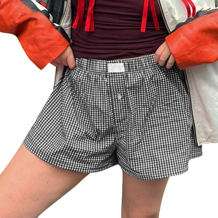 YDKZYMD Workout Shorts Women Y2k Striped Plaid Button Front Sleepwear with Pocket Casual Bloomers Pajamas Elastic Low Waisted Summer Shorts Black XL