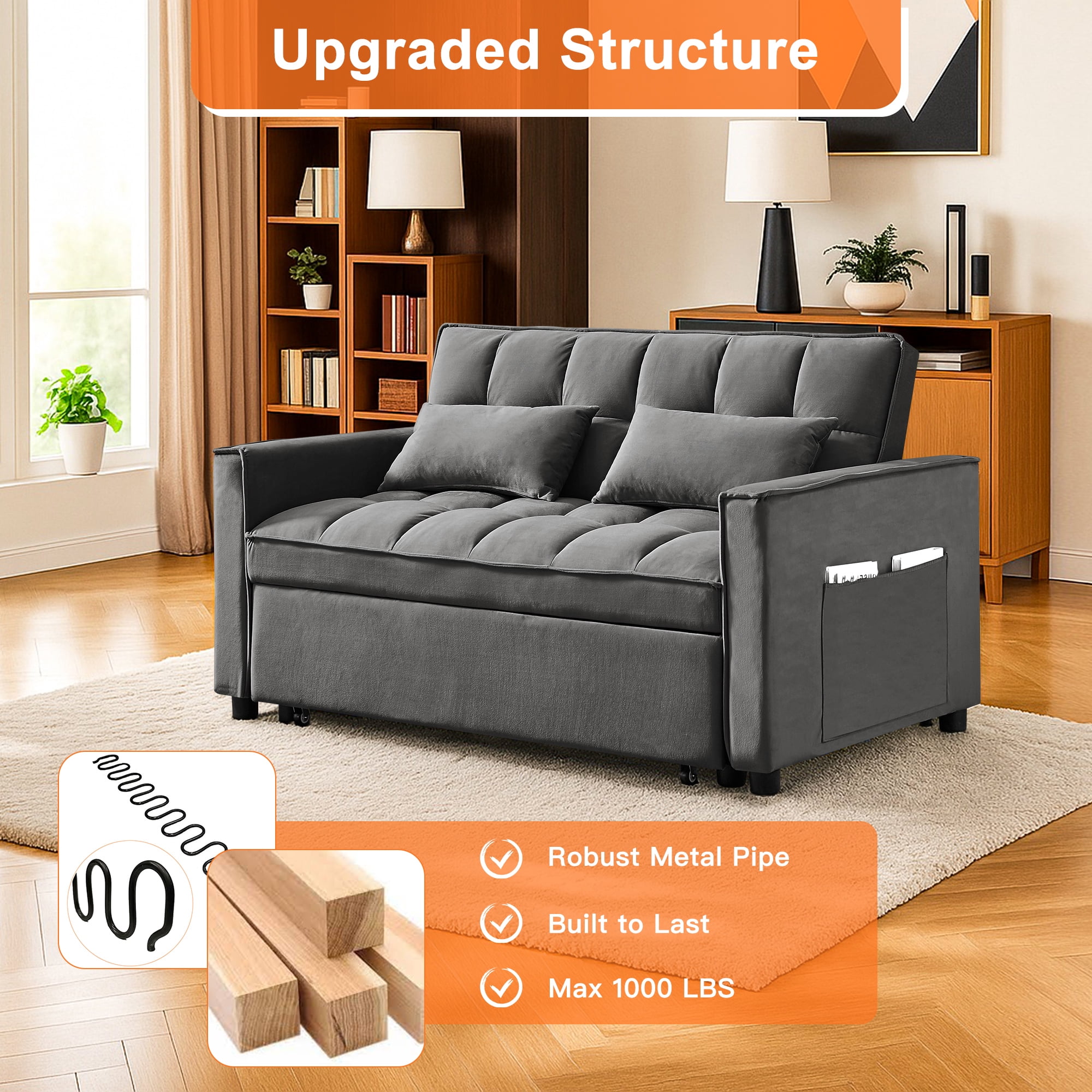 Kadyn Futon Sofa Bed, 54" Adjustable Backrest Convertible Futon Sofa for Living Room, Futon Sleeper Sofa with Side Pouch, Gray